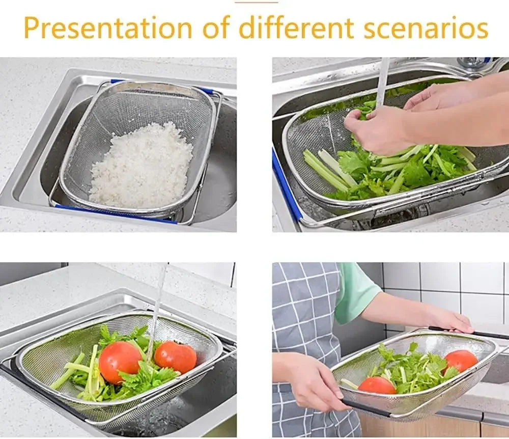 Over the Sink Colander Strainer Basket Stainless Steel, For Kitchen Sink with Rubber Non-slip Grip, Fine Mesh, Kitchen Multipurp