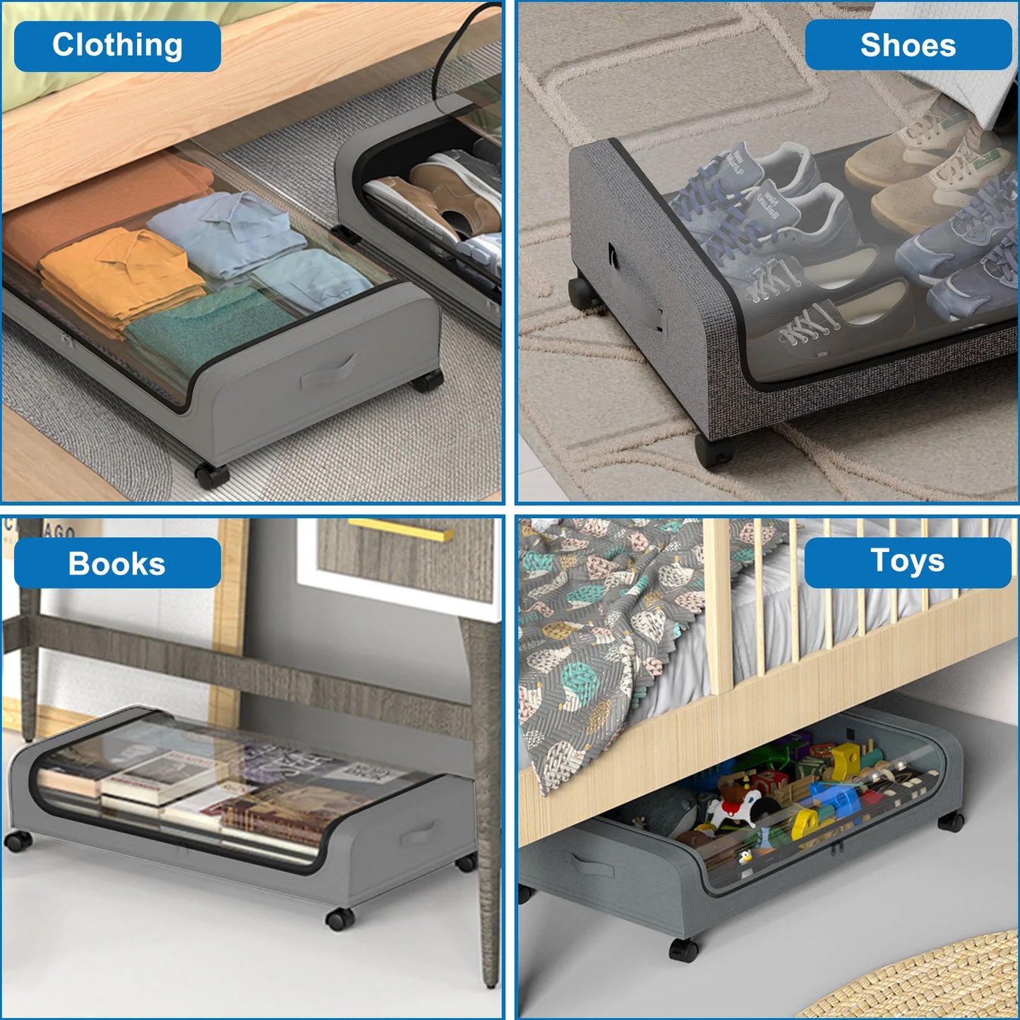 2Pack Bed Storage Box with Wheels Large Capacity Rolling Storage Bin with Clear Window and Handles for Clothes Toys Shoes