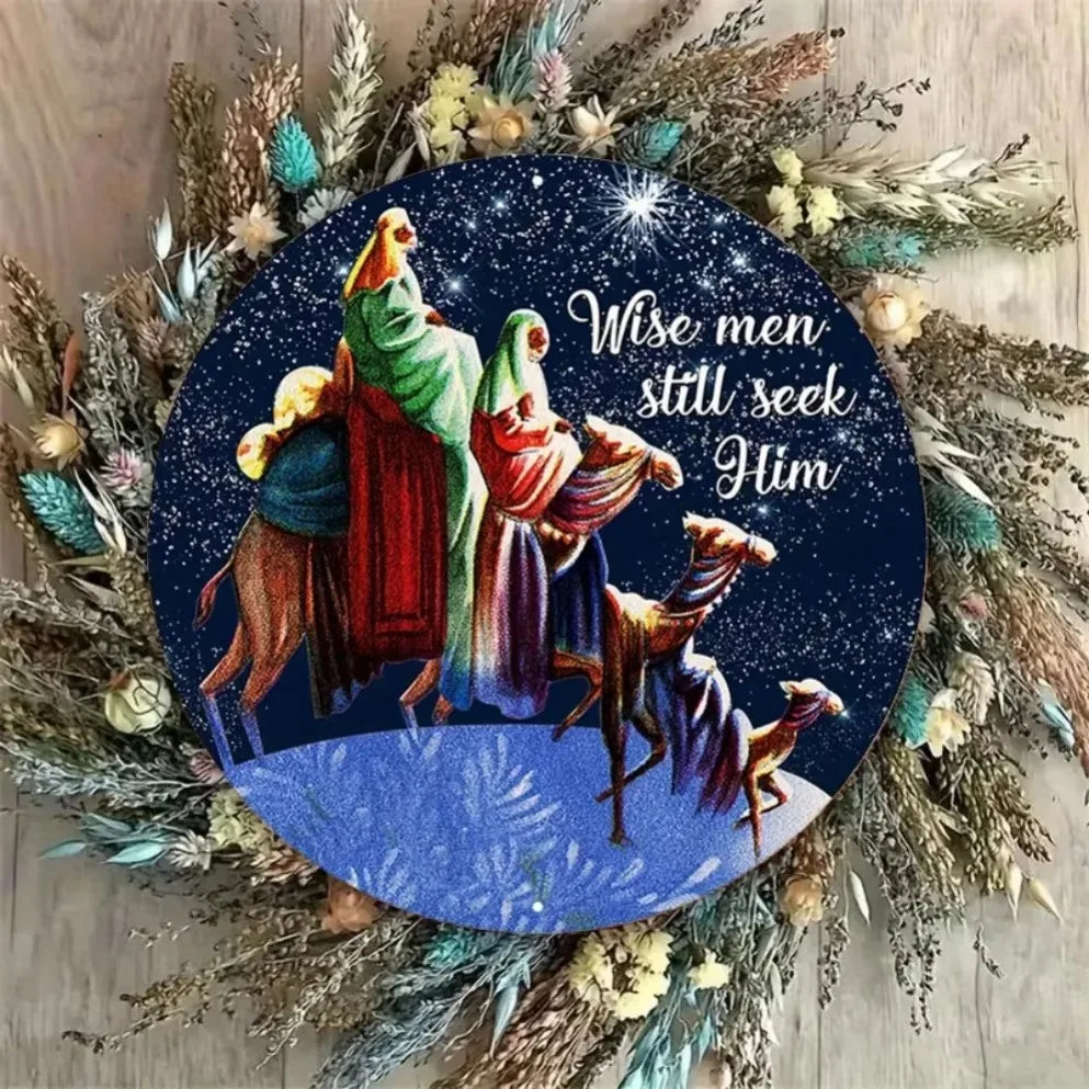 1PC Round Nativity Scene Metal Wall Art -2D "Wise Men Still Seek Him"Vintage Religious Sign|Retro Holiday Plaque for Home,Church