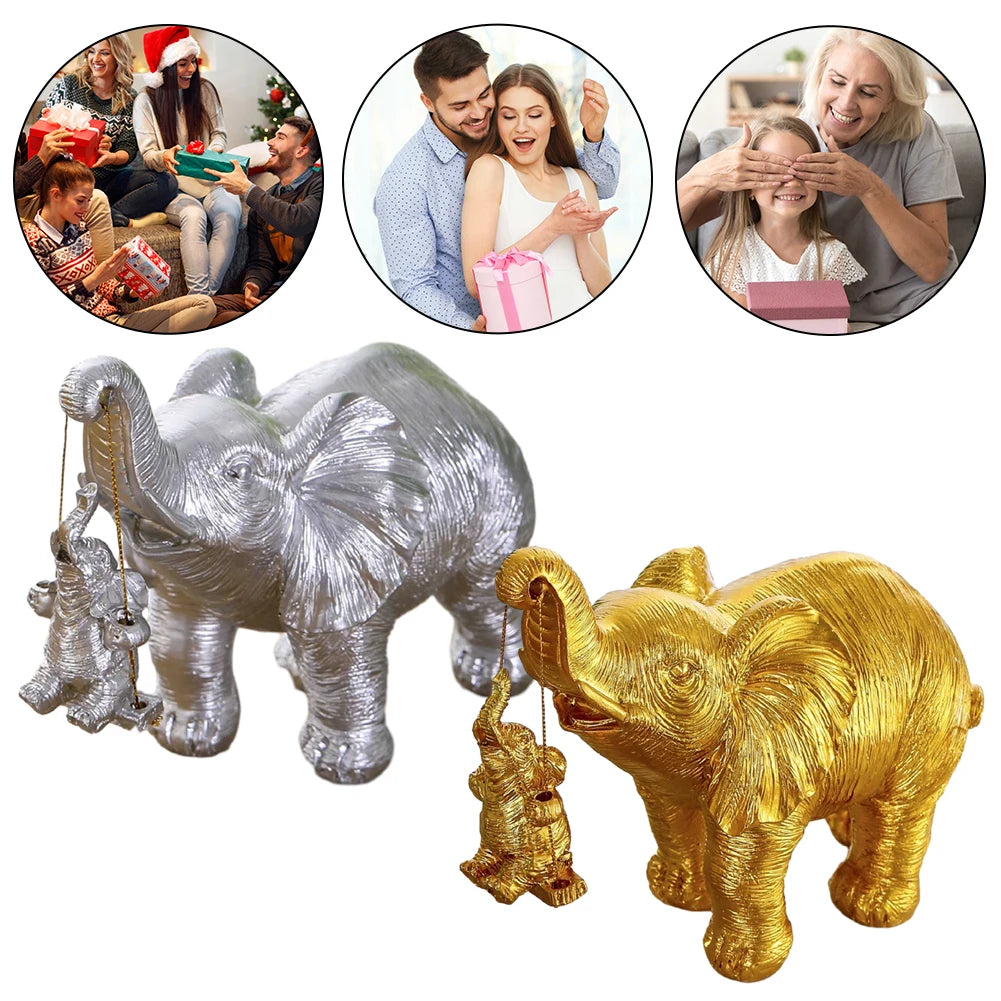 Gold/Silver Swing Mother Son Elephant Statue Resin Swing Elephant Decor Brings Good Luck Wealth Elephant Crafts Mother Day Gifts