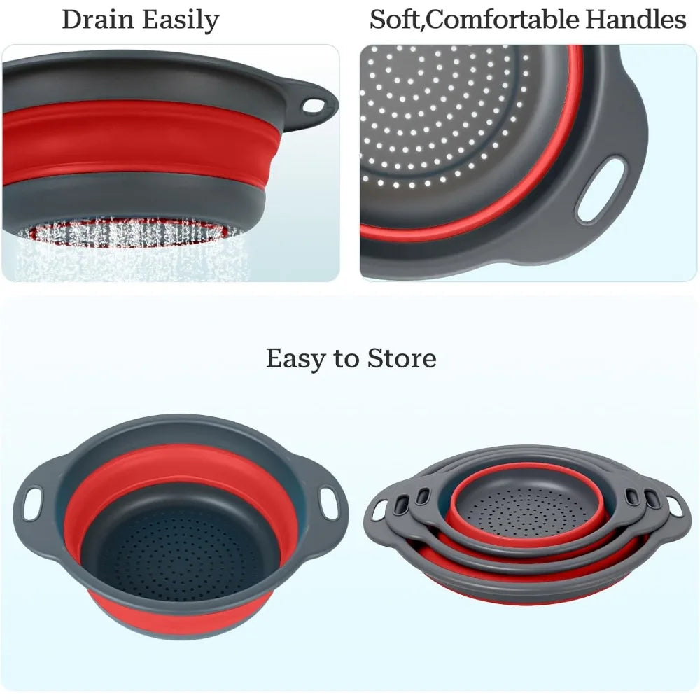 Collapsible Colander 3-Pack Set Space-Saving Foldable Kitchen Strainer with Non-Slip Base Durable Thickened PP+TPE Collapsible S