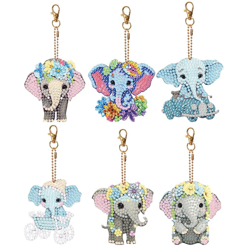 6PCS Double Sided Diamond Art Keyring Baby Elephant Rhinestone Painting Keychain Pendant Puppy for Adult Kid Purse Handbag Decor