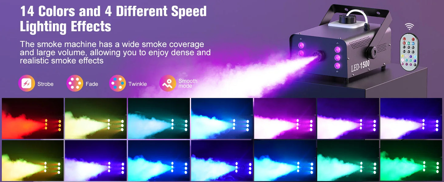 U'King 1500W Smoke Machine RGB 6 LED Fog Machine with Remote Control for DJ Disco Party Nightclub Stage Effect Fogger Machine