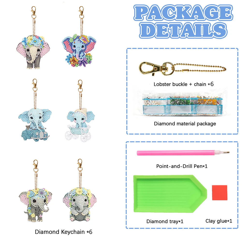 6PCS Double Sided Diamond Art Keyring Baby Elephant Rhinestone Painting Keychain Pendant Puppy for Adult Kid Purse Handbag Decor