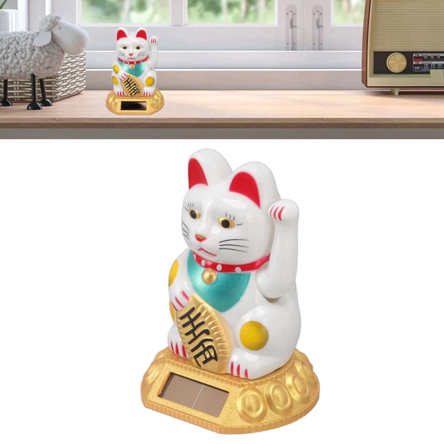 Chinese Lucky Cat Decoration Waving Arm Solar Light Induction Statue Figurine