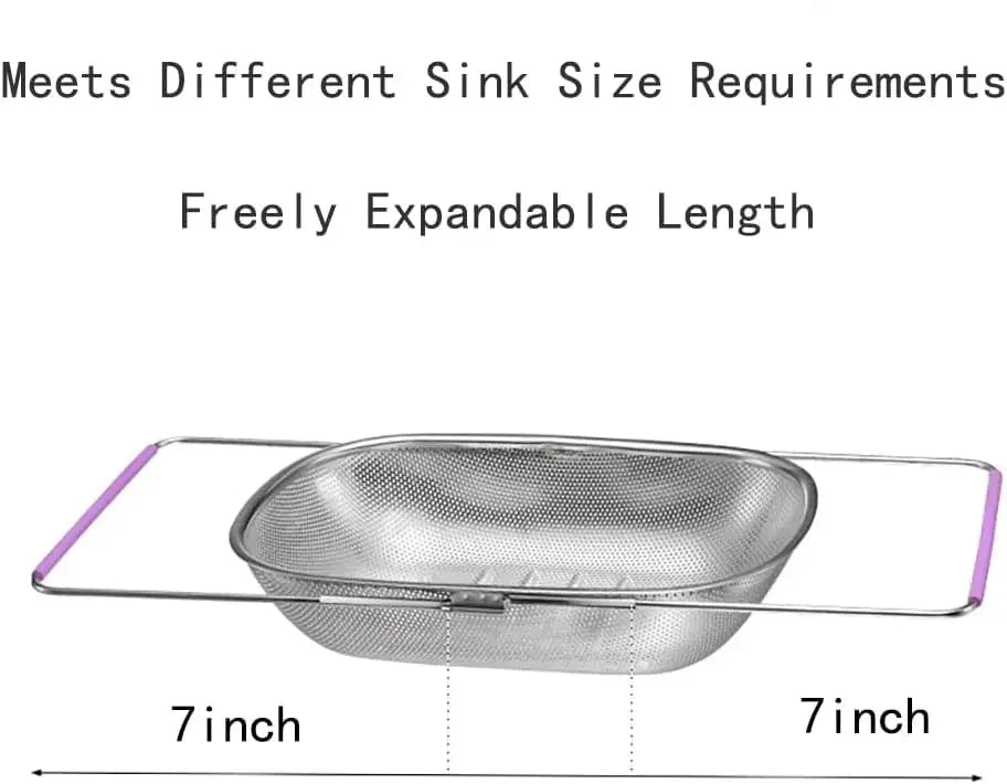 Over the Sink Colander Strainer Basket Stainless Steel, For Kitchen Sink with Rubber Non-slip Grip, Fine Mesh, Kitchen Multipurp