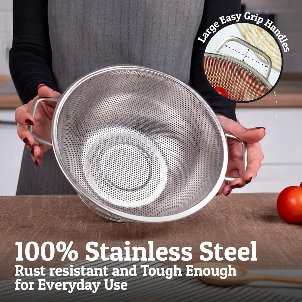 PriorityChef Premium Stainless Steel Colander for Kitchen, Durable Rice and Pasta Strainer with Handle, Rust-Resistant & Dishwas