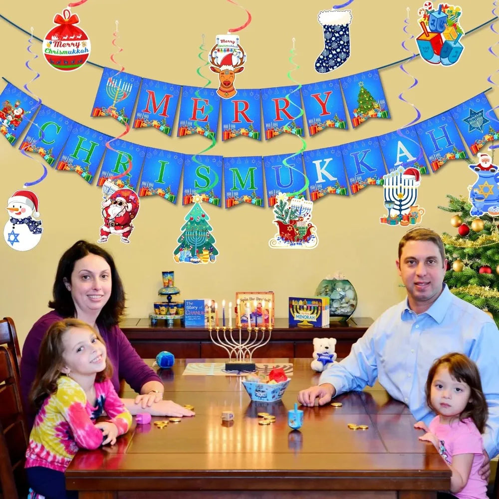 Merry Chrismukka Holiday Party Decorations Kit: Merry Chrismukka Banner and 10 PCS Christmas Xmas Hanukkah Hanging Swirls for I