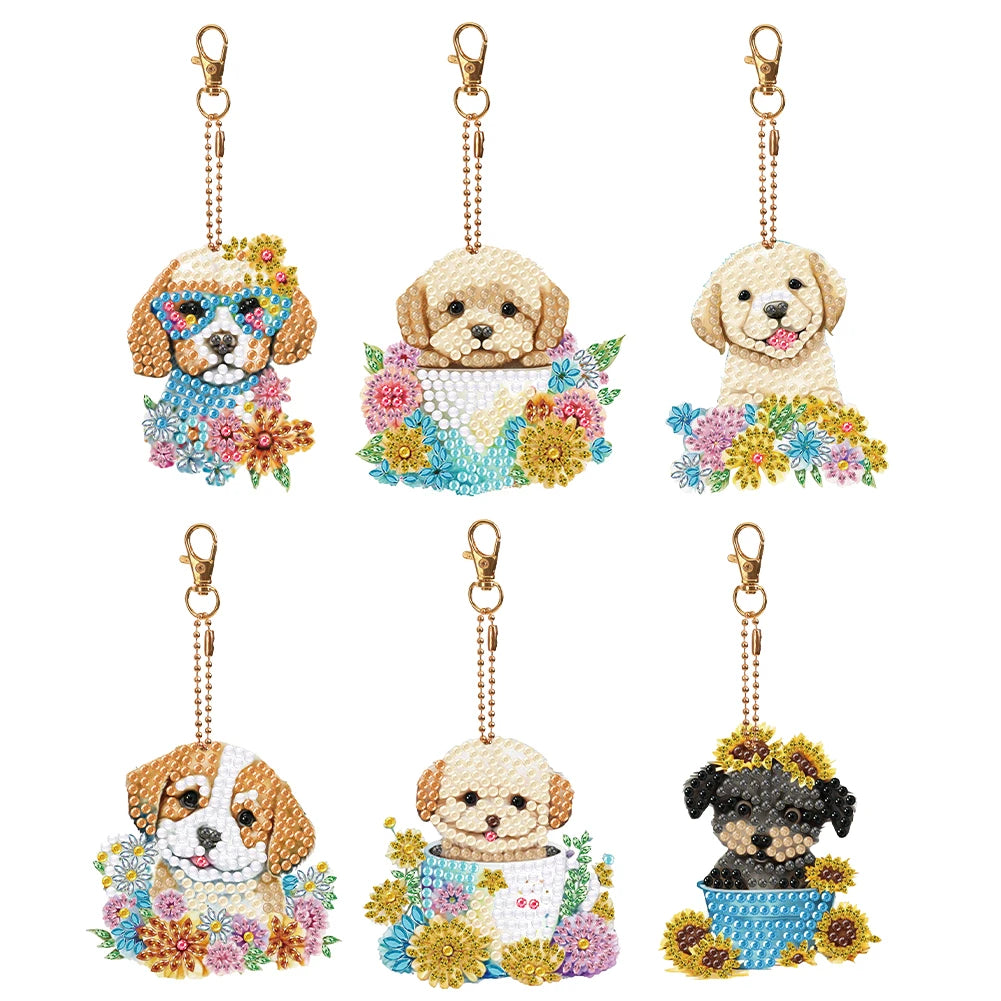 6PCS Double Sided Diamond Art Keyring Baby Elephant Rhinestone Painting Keychain Pendant Puppy for Adult Kid Purse Handbag Decor