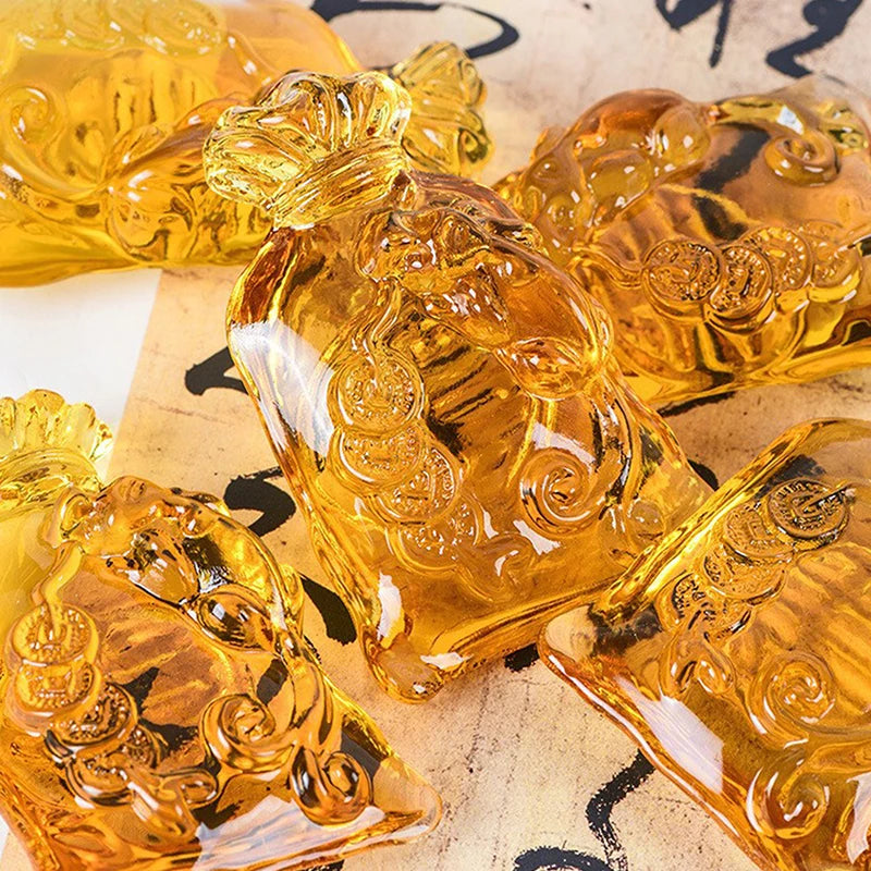 Citrine Money Bag Figurine Feng Shui Crystal Crafts Coin Lucky Ornament Office Living Room Table Decoration Glass New Year Gift