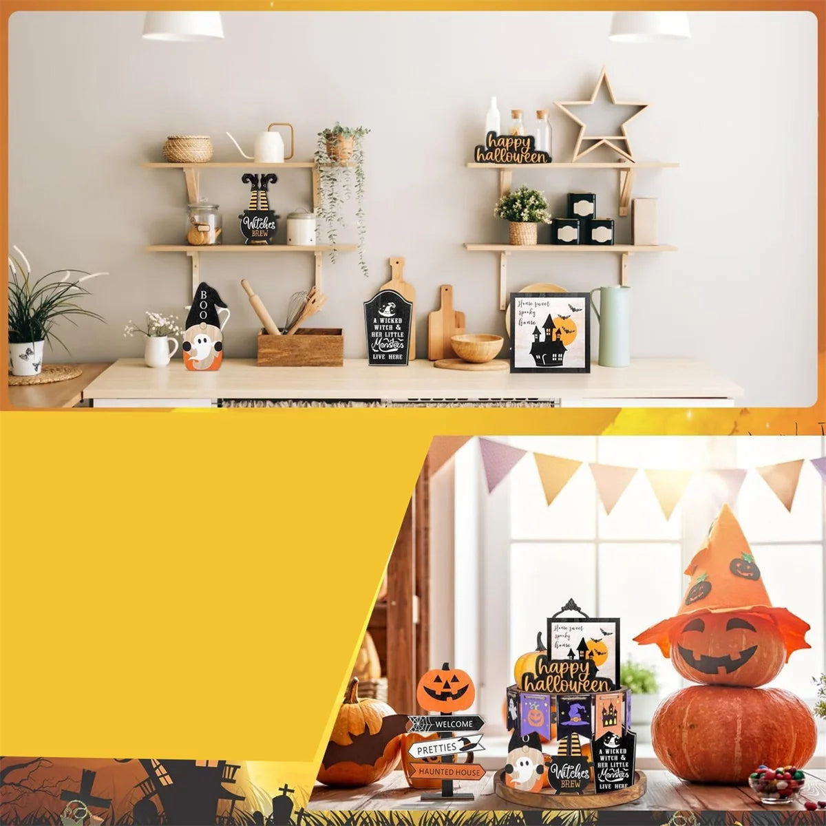 Spooky Halloween Tiered Tray Decor Set with Wooden Pumpkin and Bat Table Signs for Festive Home Party Table Display