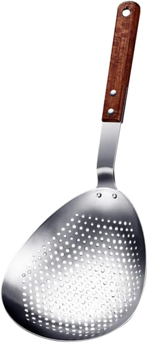 Stainless Steel Slotted Straining Colander Wooden Handle Kitchen Frying Strainer for Dumplings Pasta and Vegetables Sturdy Cook