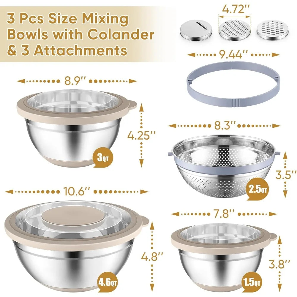 P&P CHEF Mixing Bowls with Lids Set of 3, Stainless Steel Mixing Bowl and Colander for Kitchen, 3 Grater Attachments & Non-Slip
