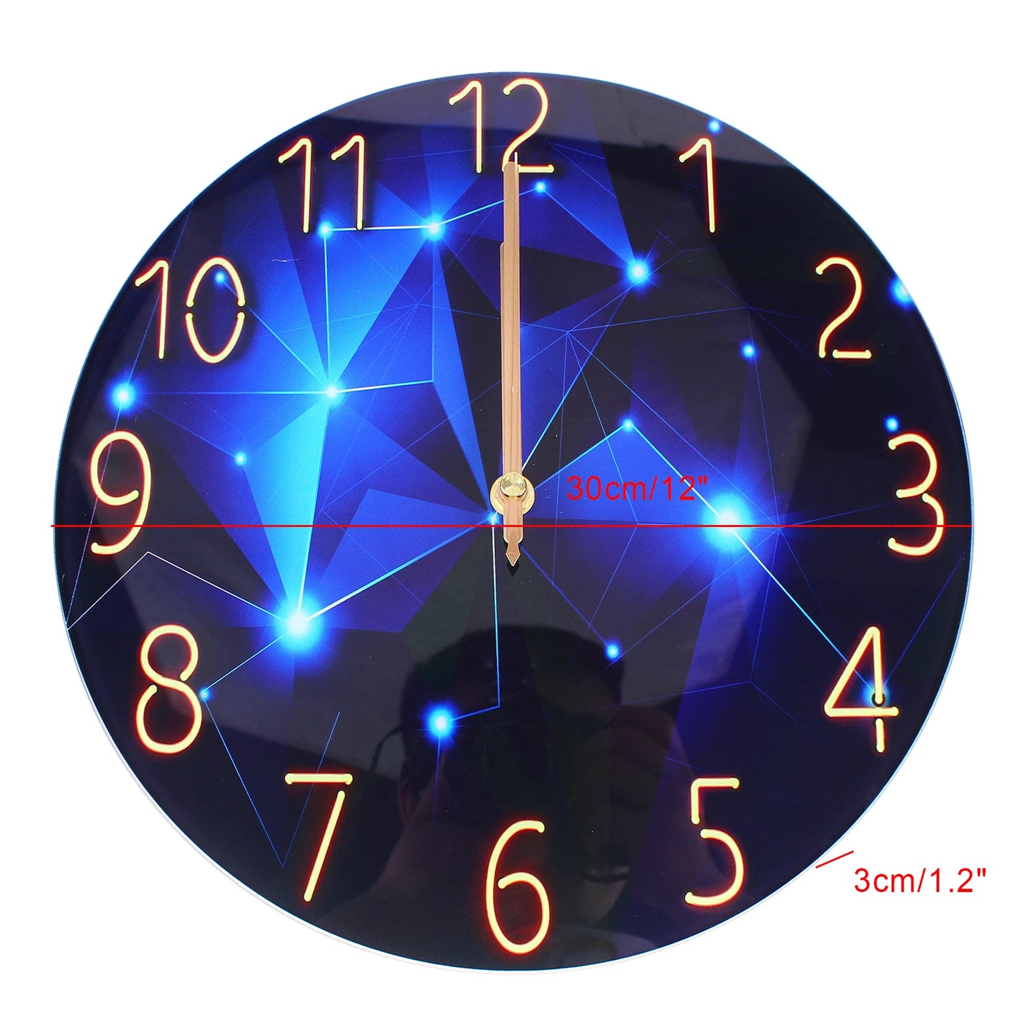 12Inch Wall Clock Silent Large Wall Clock Glass Wall Clock Battery Operated Blue Decorative Wall Clocks
