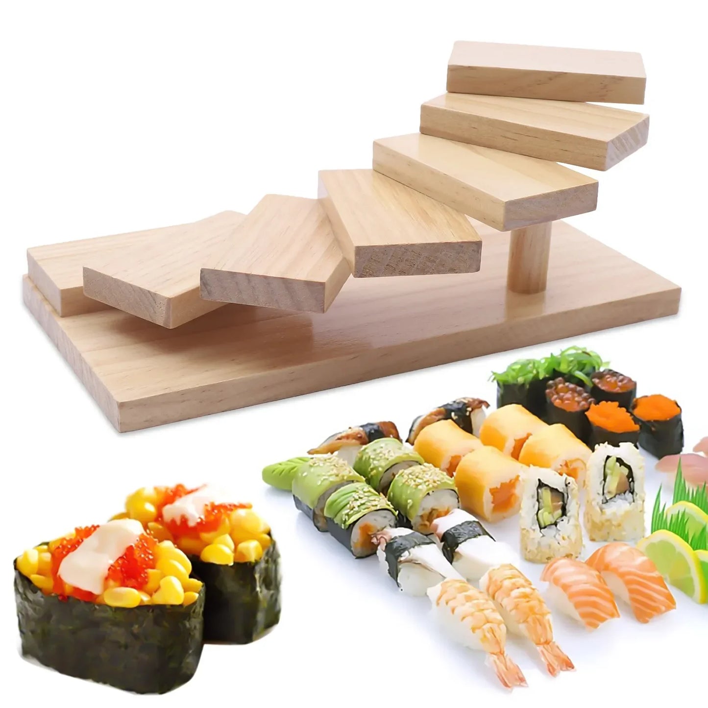 Wooden Multi-Tiered Sushi Platter, 7-Step Sashimi Serving Tray for Wedding Buffet, Decorative Food Display Stand for Kitchen