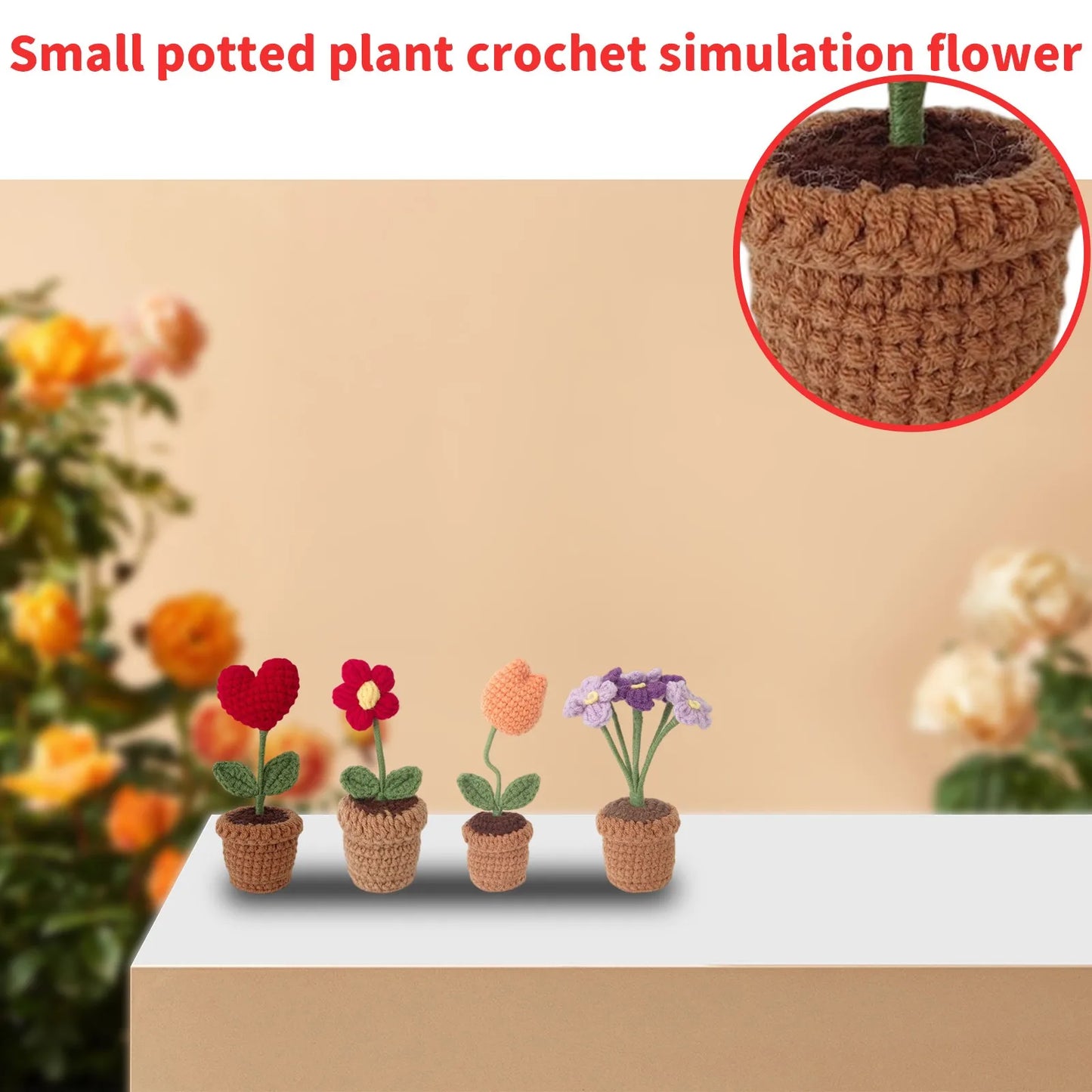 New Hand Knitting Potted Plants Handwoven Rose Sunflower Tulip Crochet Flower Bouquet Potted Ornament Table Home Room Decoration