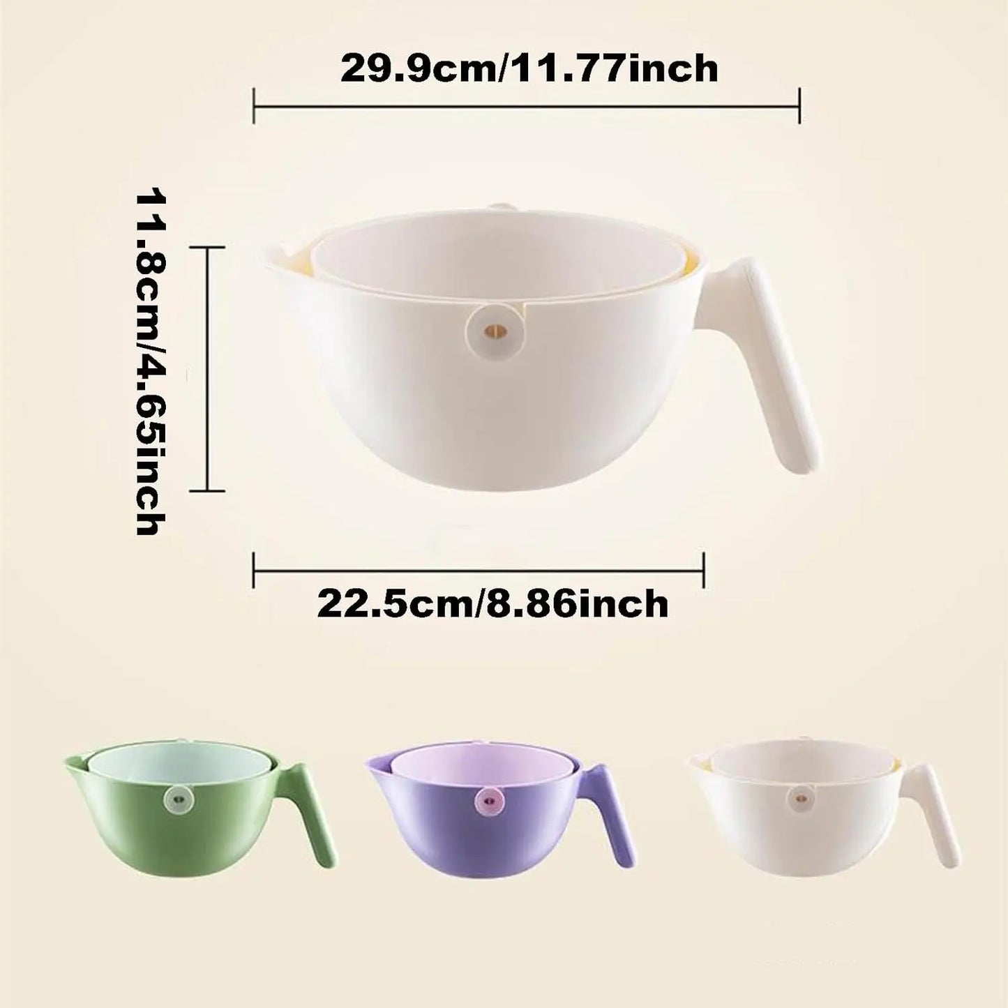 2 in 1 Kitchen Colander Set, Vegetable and Fruit Rotating Cleaning Colander with Handle, for Fruits Vegetables Pasta Noodles Was
