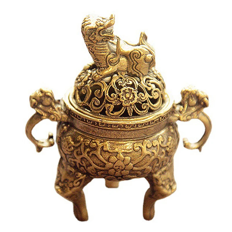 Antique Brass Three Legs Qilin Head Lotus Chinese Ancient Beast Censer Solid Copper Tea Desk Decor Censer Burner Mini Ornaments