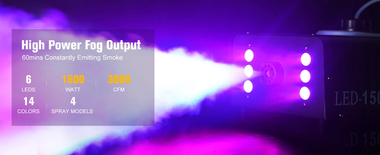U'King 1500W Smoke Machine RGB 6 LED Fog Machine with Remote Control for DJ Disco Party Nightclub Stage Effect Fogger Machine