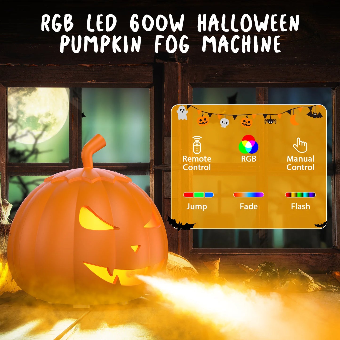 U'King 600W Pumpkin Fog Machine 12 Color RGB 6LED Lighting Effect Smoke Machine Remote for DJ Show Club Halloween Maker Fogger