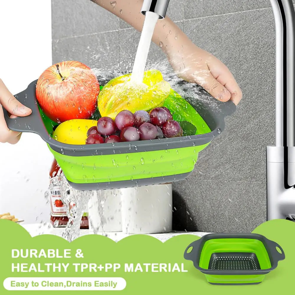 Two-piece foldable square silicone colander set with plastic handles for draining pasta, vegetables, and fruit.