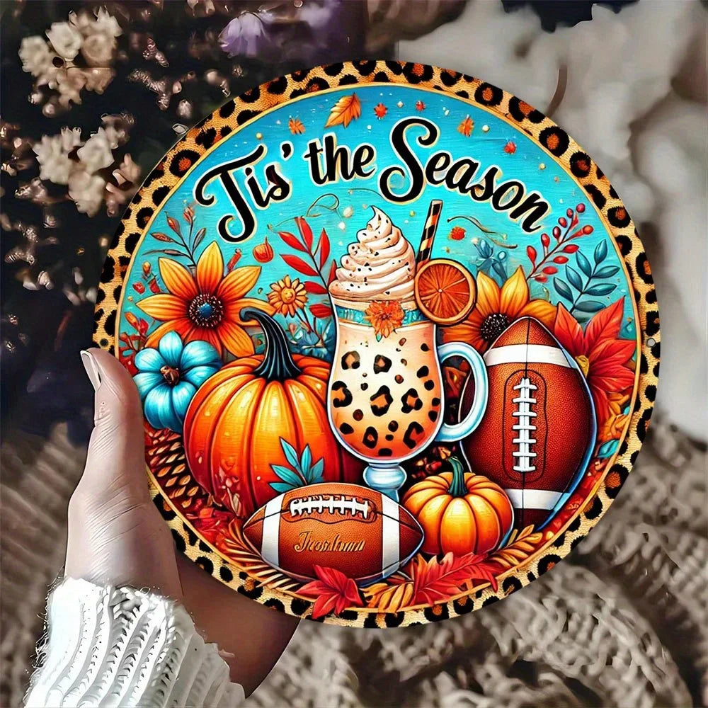 "Autumn Leopard Print Football Pumpkin Aluminum Sign – Wall Hanging Decor & Festive Wreath Accent | Perfect for Home Decor"