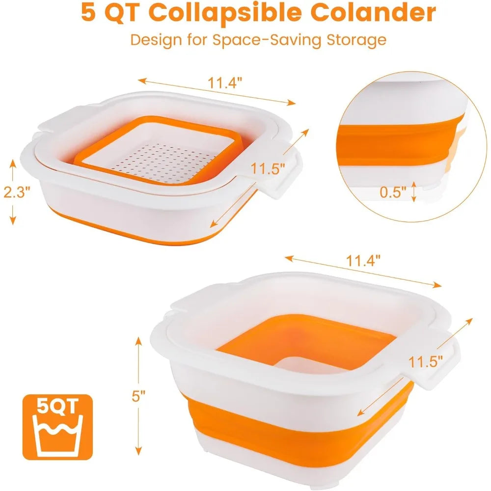 Collapsible Colander Set with Strainer Bowl, 2 in 1 Fruit Washing Basket with Strainer, 5 + 3 QT Plastic Colander for Kitchen, F