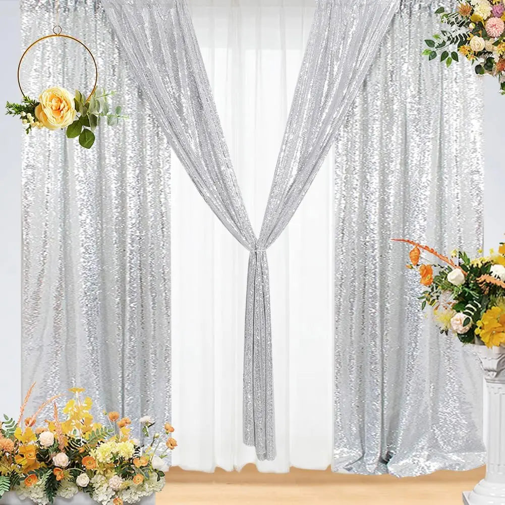 Silver Sequin Backdrop Curtains 8 Panels 2FTx8FT Wedding Photo Backdrop Glitter Birthday Bridal Party Curtains Sparkle Backgroun