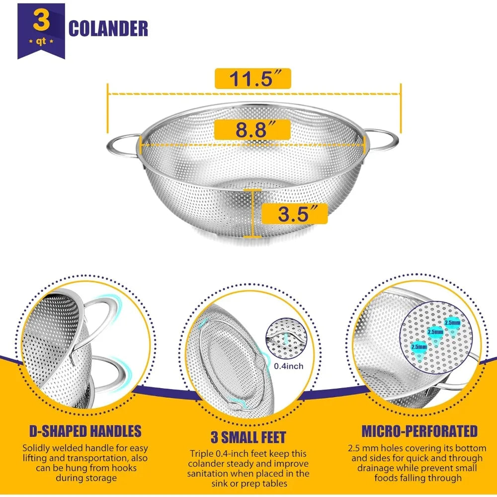 E-far Stainless Steel Colander, 3-Quart Micro-Perforated Metal Colander Strainer with Handle for Kitchen/Draining Pasta/Rinsing