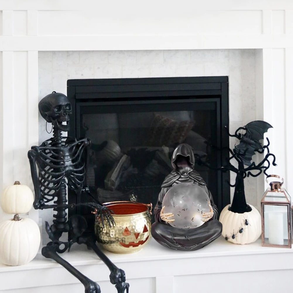 Halloween Gothic Reaper Crystal Ball Grim Reaper Statue with Floating Bats Scary Magical Glowing Balls Home Atmosphere Decor