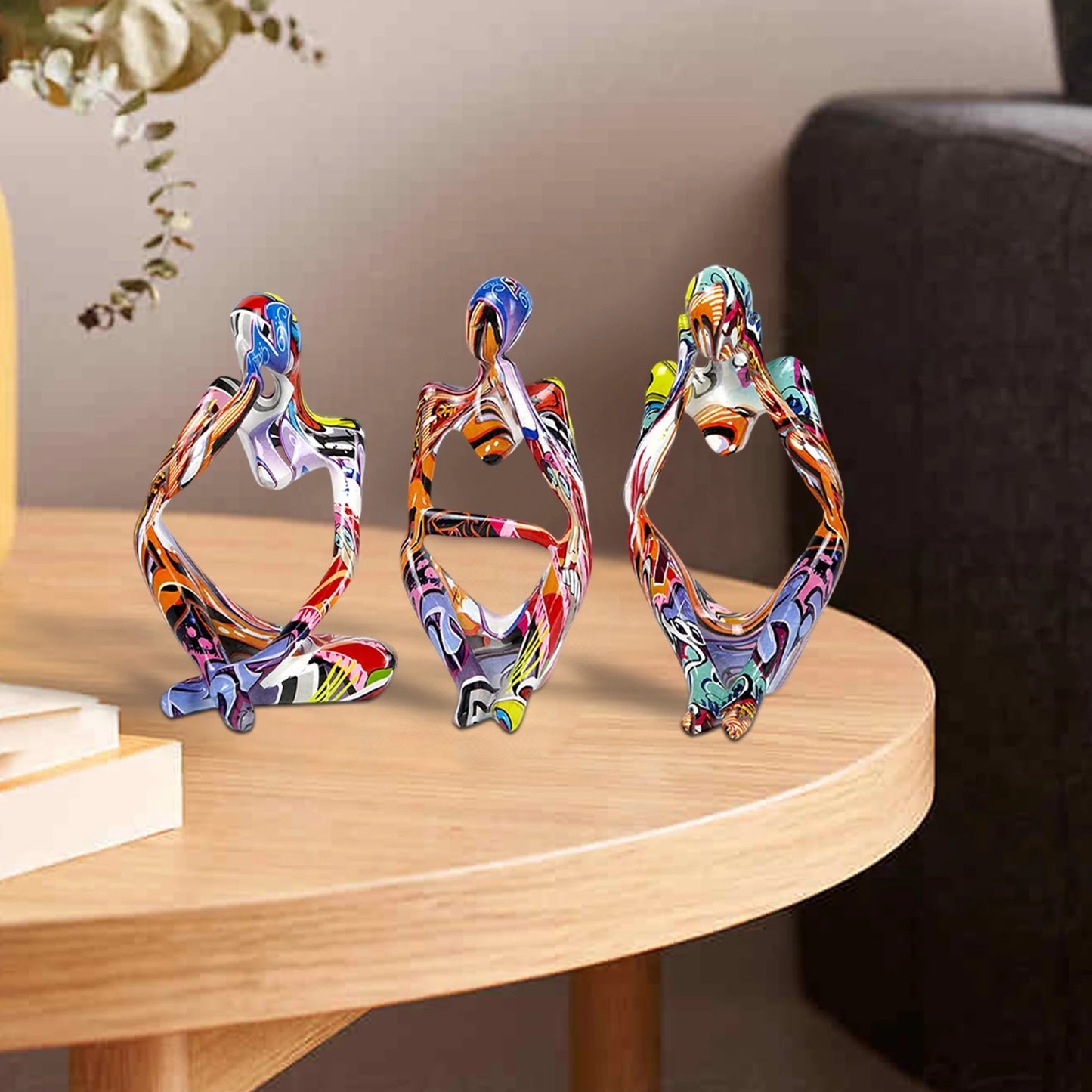 3pcs Thinker Statues Art Graffiti Resin Abstract Character Figurines Ornaments Handicraft Home Decor for Living Room
