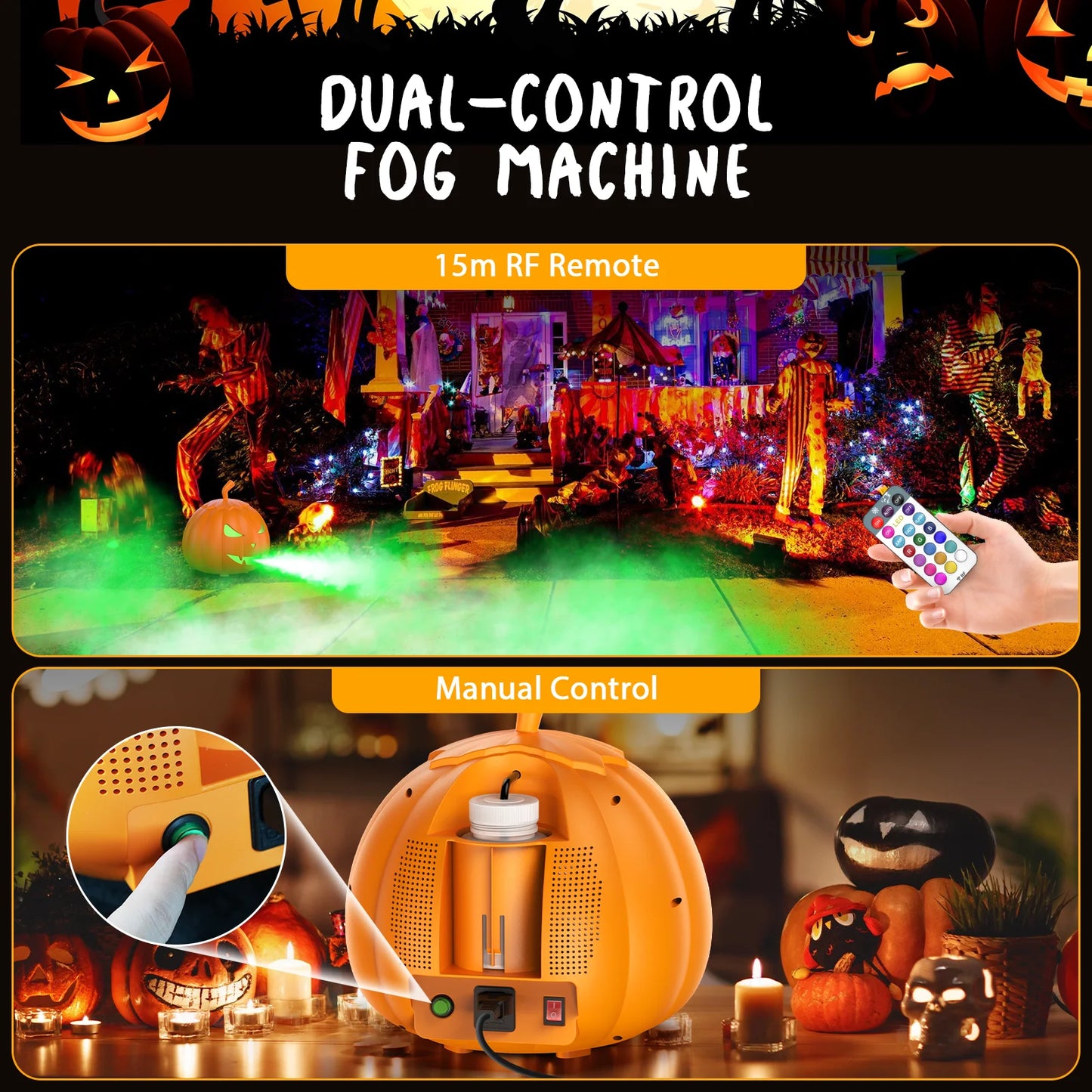 U'King 600W Pumpkin Fog Machine 12 Color RGB 6LED Lighting Effect Smoke Machine Remote for DJ Show Club Halloween Maker Fogger