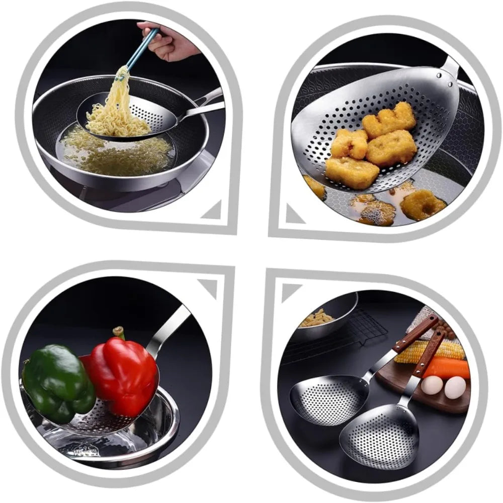Stainless Steel Slotted Straining Colander Wooden Handle Kitchen Frying Strainer for Dumplings Pasta and Vegetables Sturdy Cook