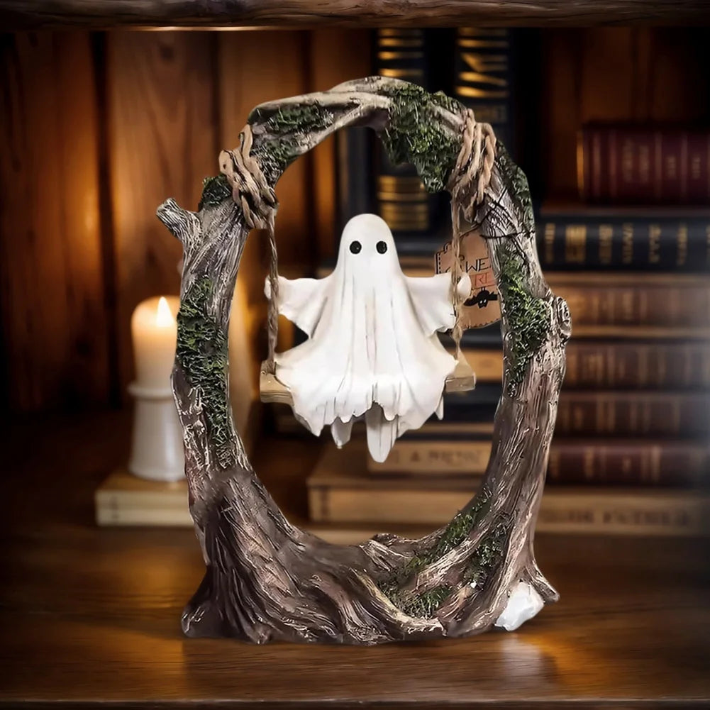 Ghost on Tree Swing Statue Resin Small Ghost Figurine Multi-Purpose Lovely Ghost Decorations for Desktop Bookshelf Decor