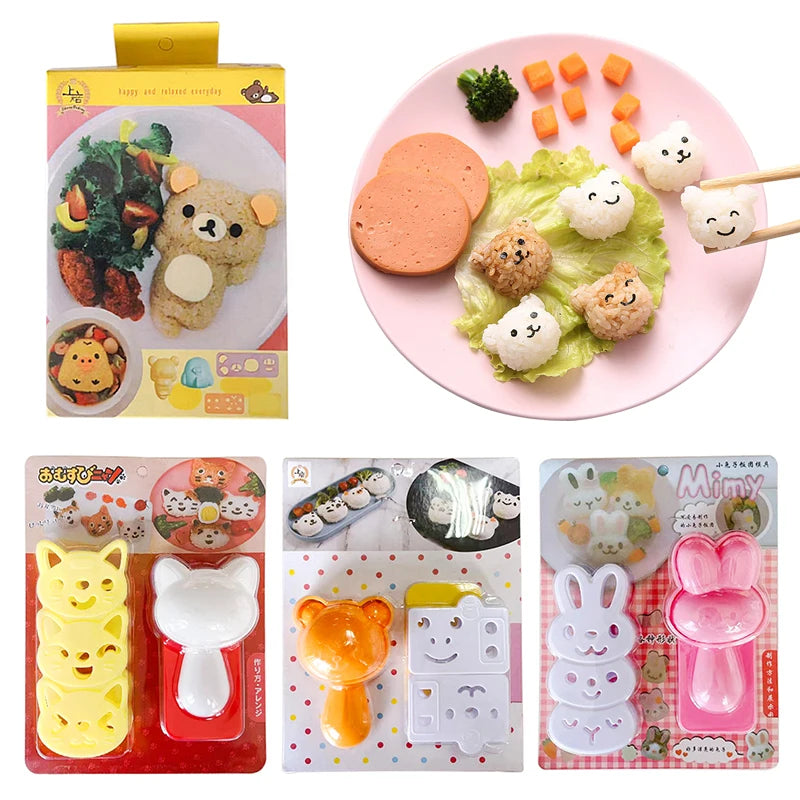 Rice Ball Mold Set Chicken Bear Kawaii Sushi Curry Rice Mould Pattern Bento Accessories Seaweed Cutter Kitchen Tools