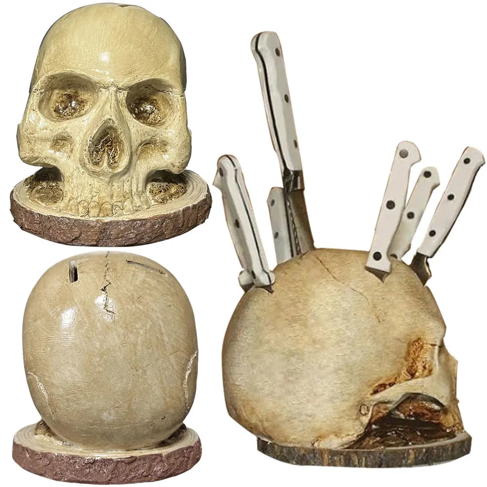 Skull Knife Holder Resin Fruit Chopping Knife Stand Creative Horror Skull Knife Rack Halloween Party Decoration