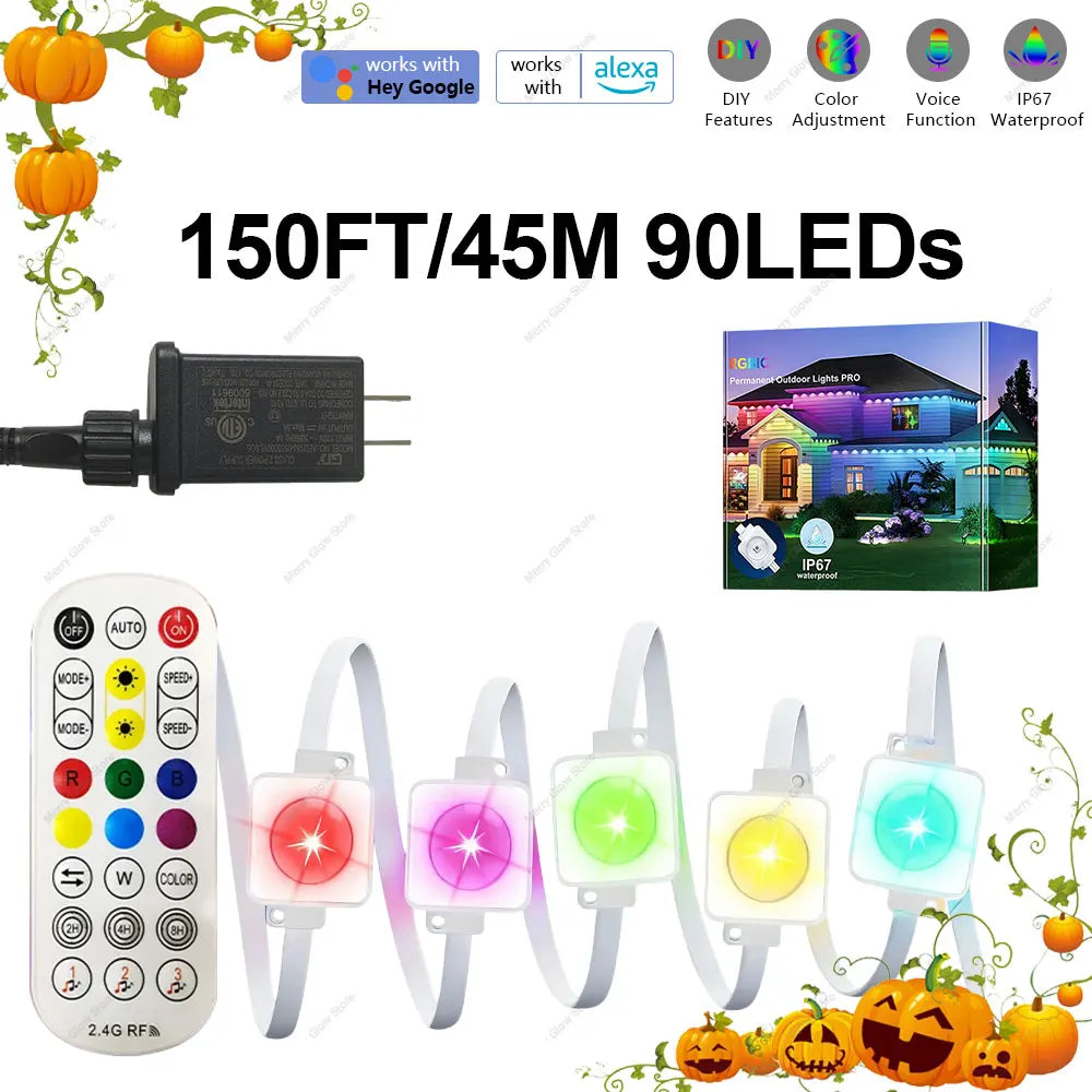Permanent Outdoor Eaves Light Intelligent RGBIC 90M 180LEDs Eaves Light IP67 Waterproof For Christmas Halloween DIY Lighting