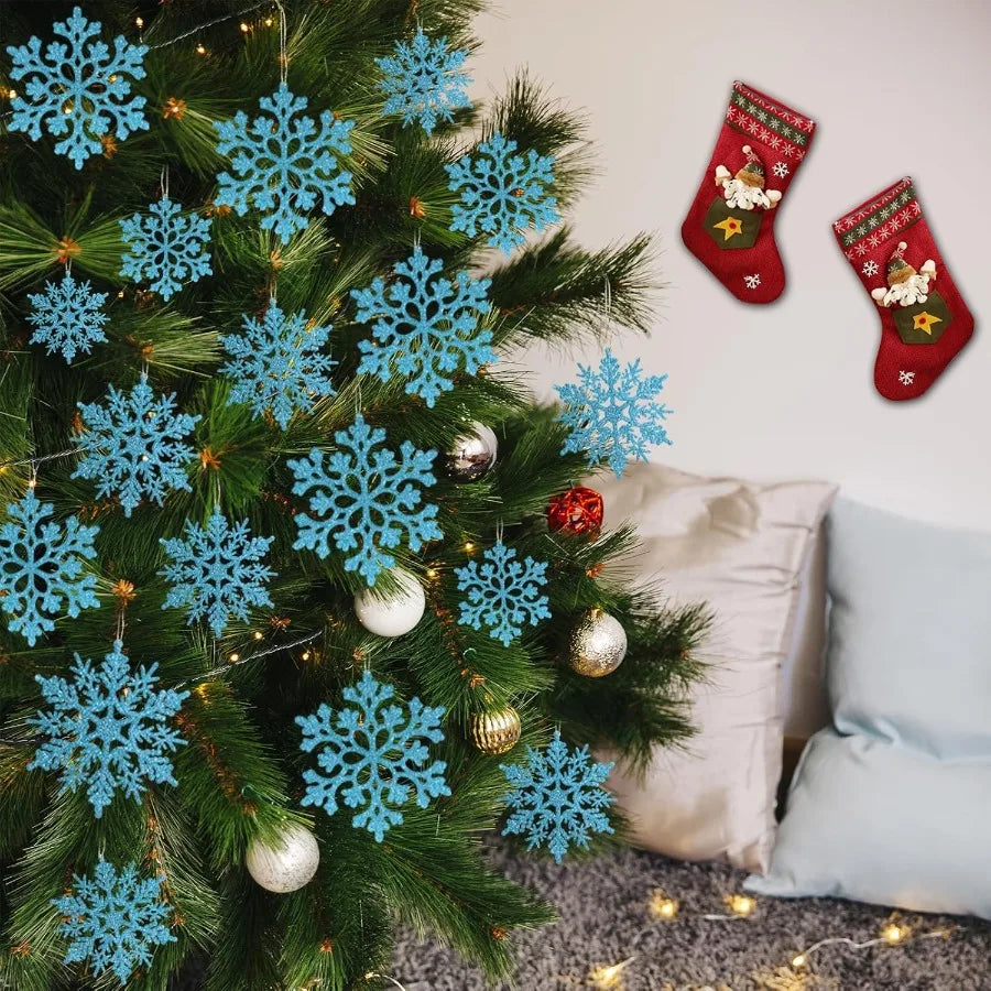 36pcs Christmas Light Blue Snowflake Ornaments Plastic Glitter Snow Flakes Ornaments for Winter Christmas Tree Decorations Size