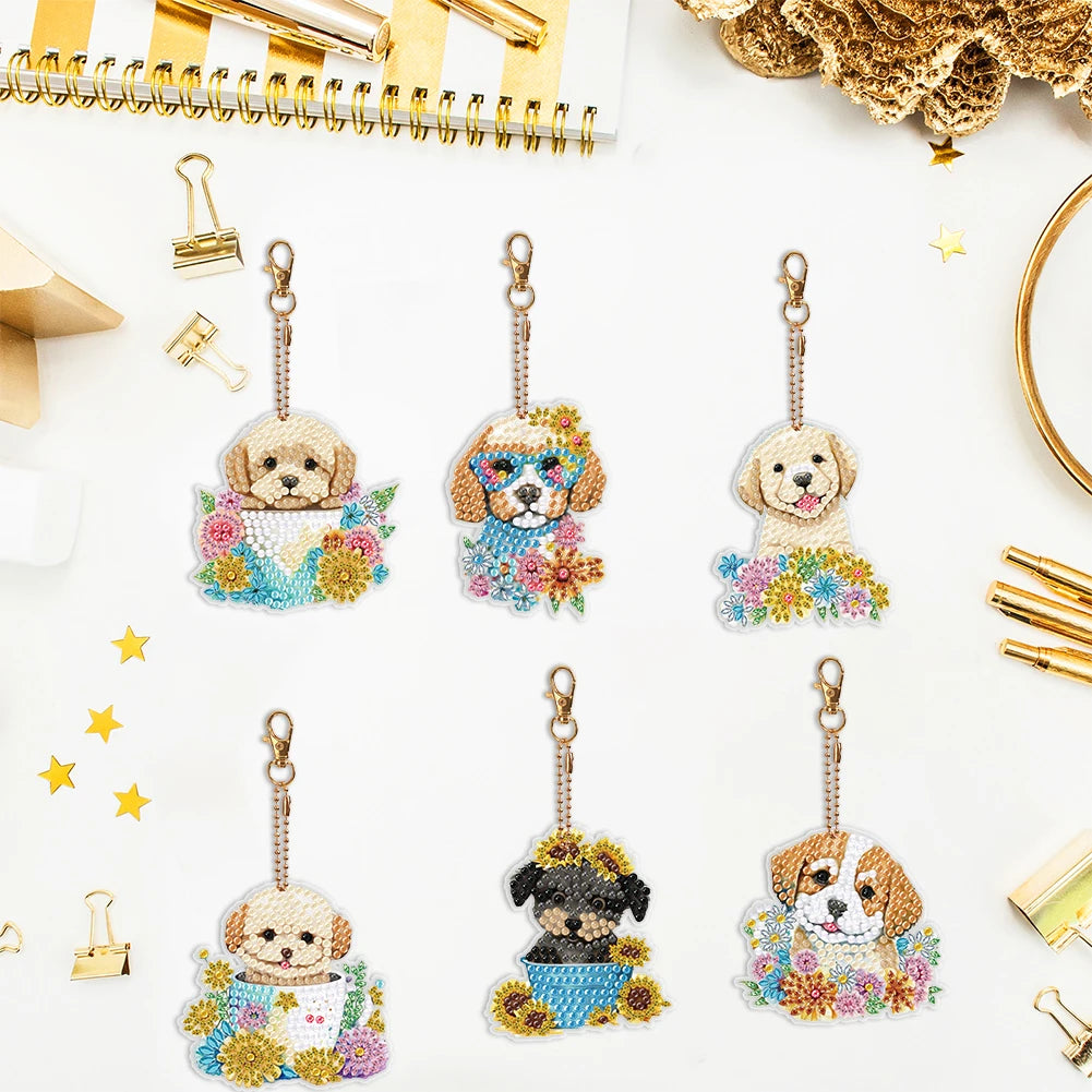 6PCS Double Sided Diamond Art Keyring Baby Elephant Rhinestone Painting Keychain Pendant Puppy for Adult Kid Purse Handbag Decor
