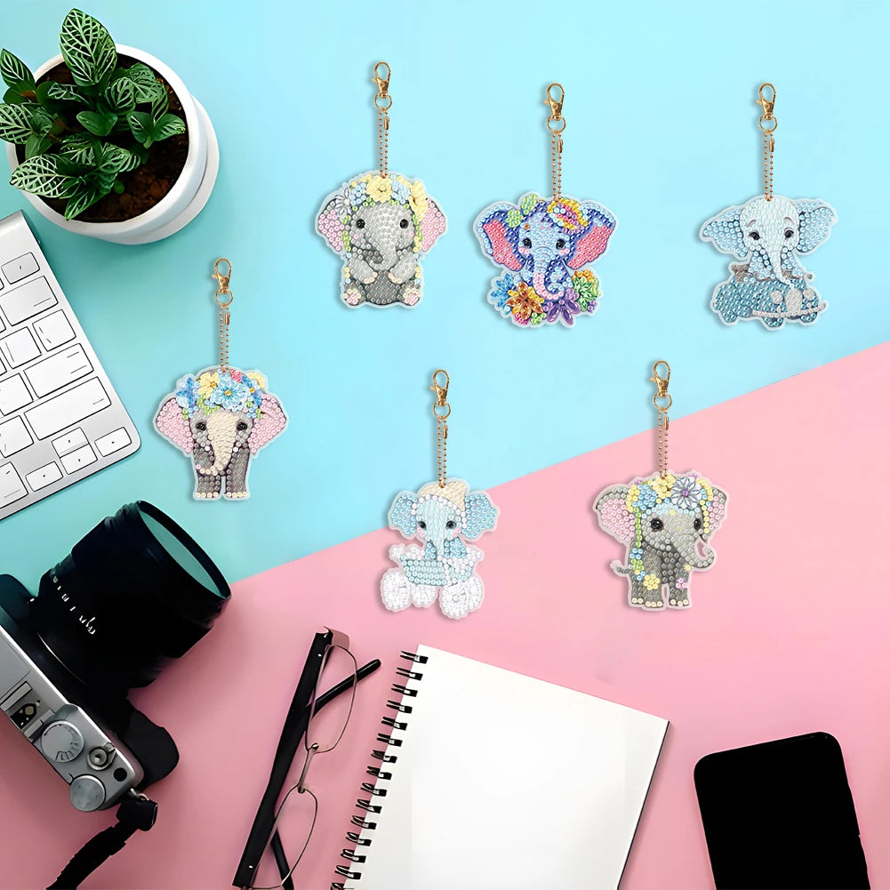 6PCS Double Sided Diamond Art Keyring Baby Elephant Rhinestone Painting Keychain Pendant Puppy for Adult Kid Purse Handbag Decor