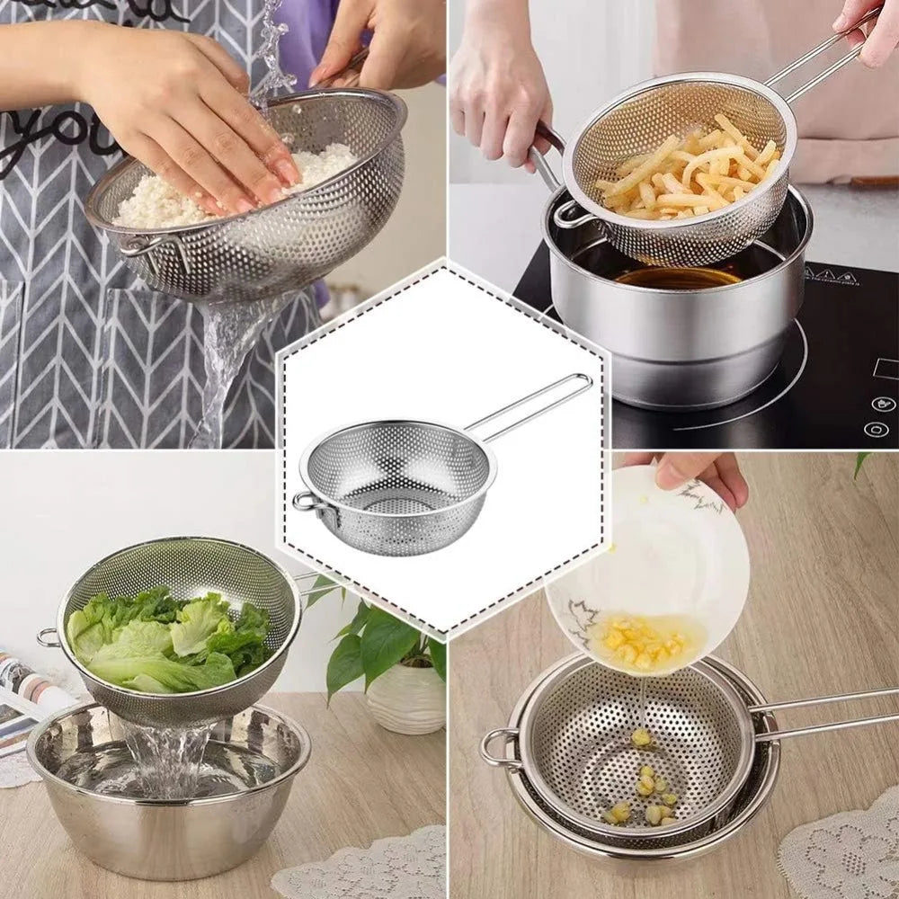 Stainless Steel Colander Fine Mesh Colander with Long Handle, Kitchen Metal Food Strainers with Resting Feet for Strain, Rinse,