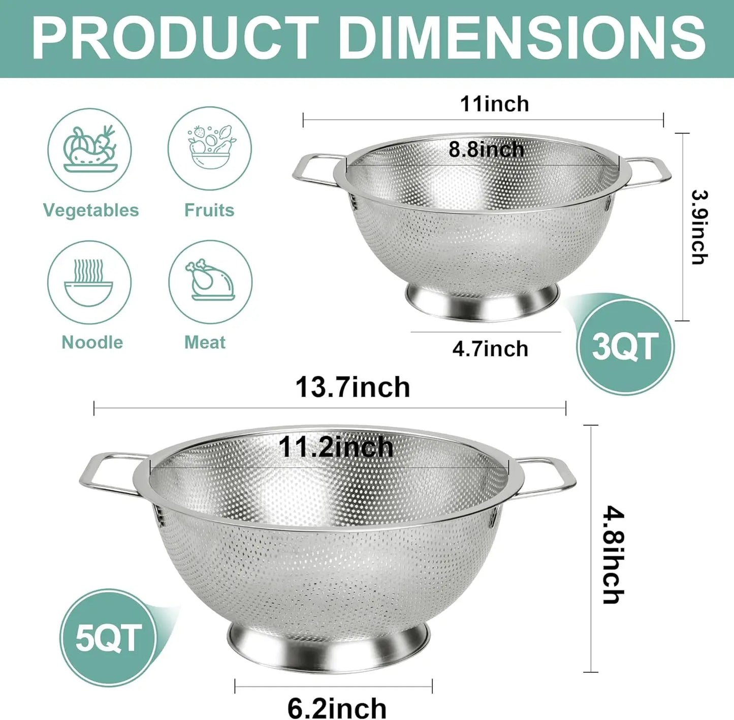 Colander Stainless Steel 5-Quart, Kitchen Strainer for Pasta, Fruits Vegetables, Dishwasher Safe