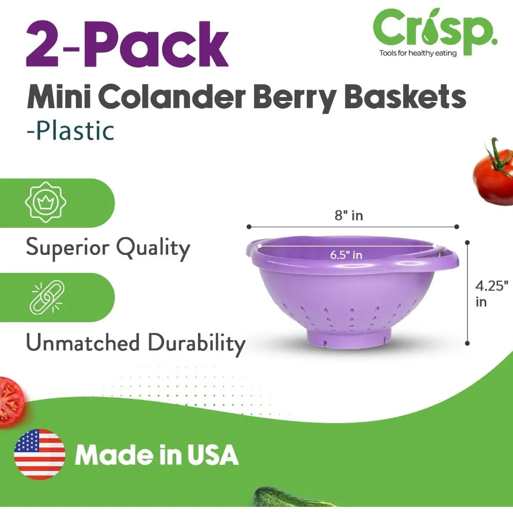 2-Piece Mini Colander Berry Baskets With Handles - Food Strainers For Kitchen - Small Colander For Berries, Strawberry & Grape