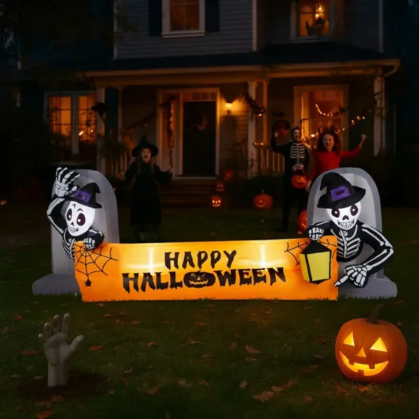 9.6T Halloween Inflatable Skeleton Tombstone Banner, Outdoor Yard Decor with Built-in LEDs