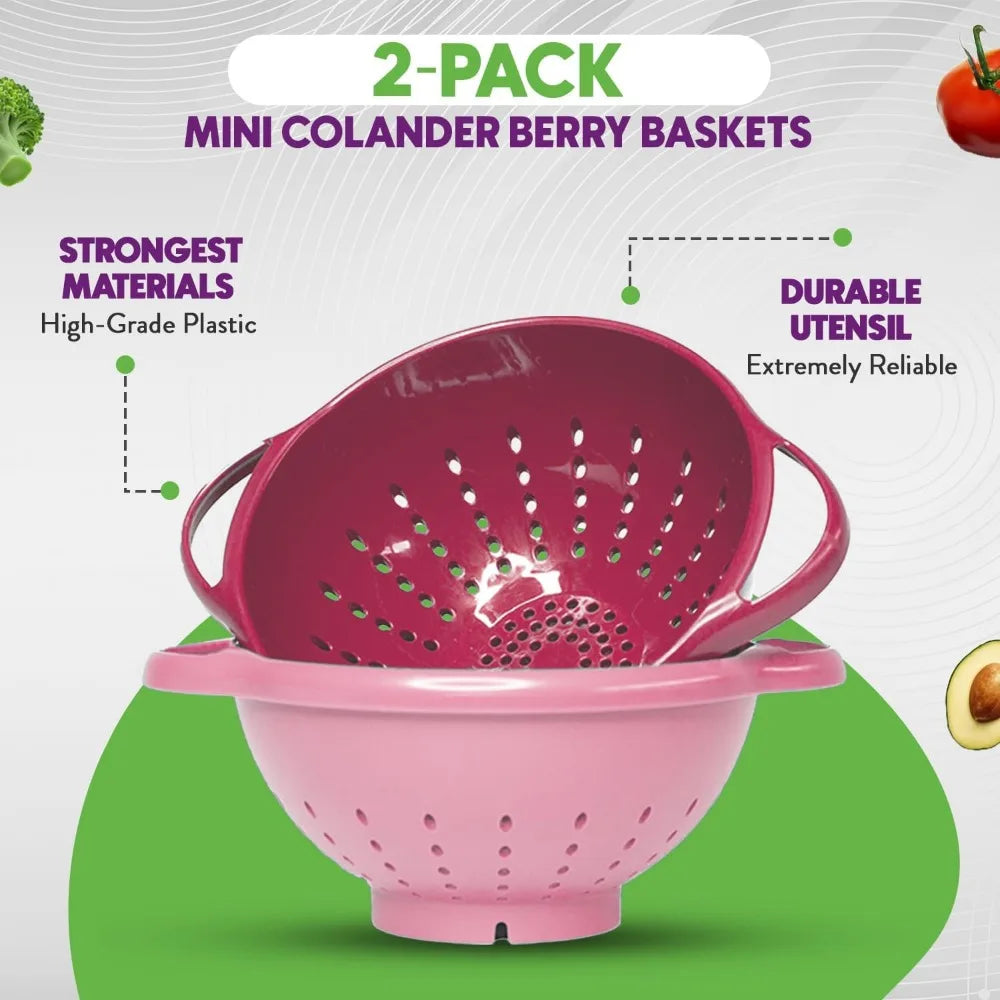 2-Piece Mini Colander Berry Baskets With Handles - Food Strainers For Kitchen - Small Colander For Berries, Strawberry & Grape