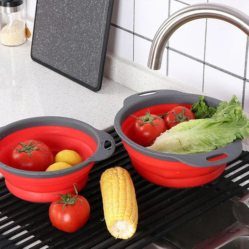 Collapsible Colander, Set of 2 Pcs Collapsible Strainer, Space-Saving Kitchen, Food-Grade Silicone Folding Strainer Colander wit