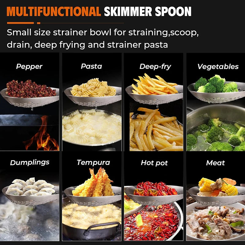 Stainless Steel Fine-Mesh Skimmer - Short Handle Scoop Strainer for Dumpling Soup, Stew & Cooking kitchen utensils