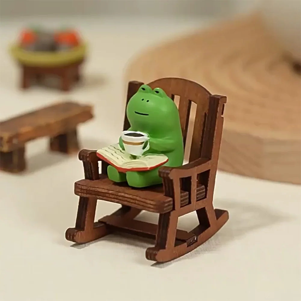 Handmade DIY Micro Rocking Chair Rocking Chair Design with Book Coffee Cute Frog Fat Miniature Home Bedroom Office Decoration
