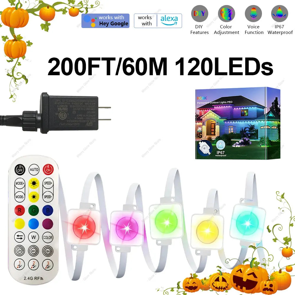 Permanent Outdoor Eaves Light Intelligent RGBIC 90M 180LEDs Eaves Light IP67 Waterproof For Christmas Halloween DIY Lighting