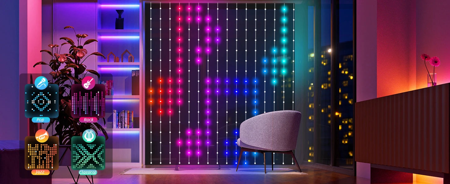 MIMI RGB Curtain Lights 400LEDs,Smart LED Curtain Light,IP65 Waterproof,Smart LED Wall Lights with APP&Remote